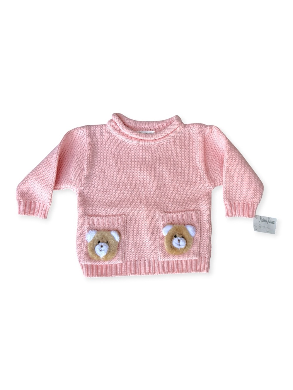 Vintage Neiman Marcus Pink Baby Knit Sweater with Bear Pocket Details Size 24m